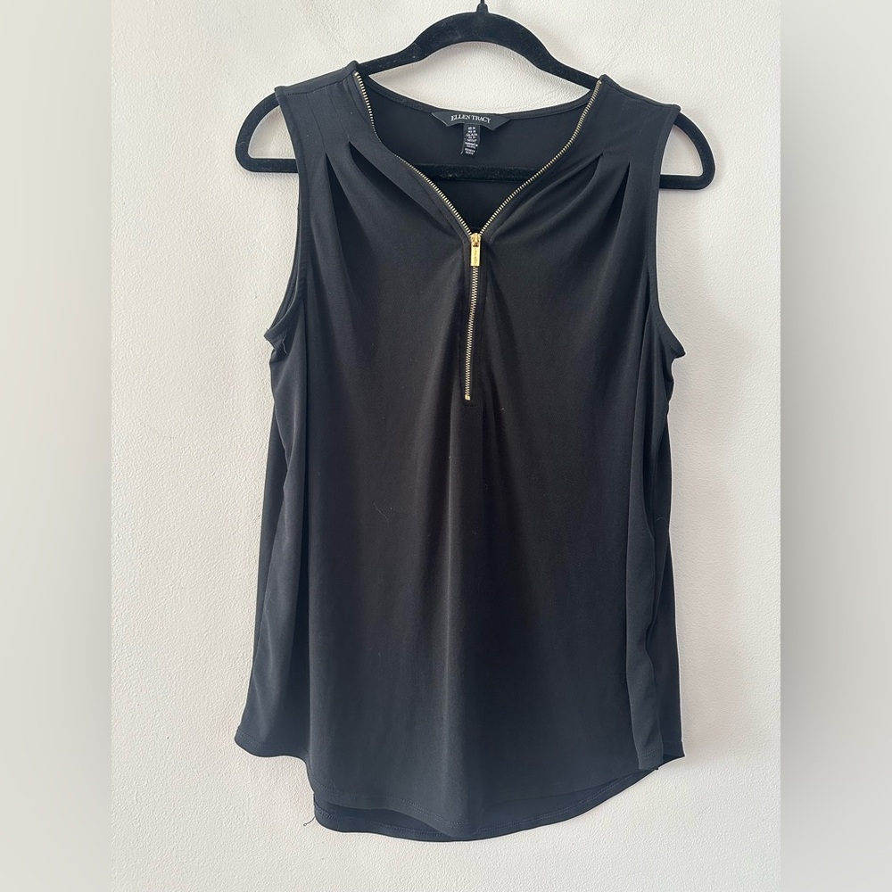 Ellen Tracy Black Sleeveless Blouse with Gold Zipper